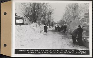 Contract No. 71, WPA Sewer Construction, Holden, looking northerly on Holt Road from Sta. 3+/-, Holden Sewer, Holden, Mass., Feb. 27, 1940