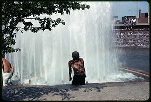 People in the fountain, Boston City Hall Plaza
