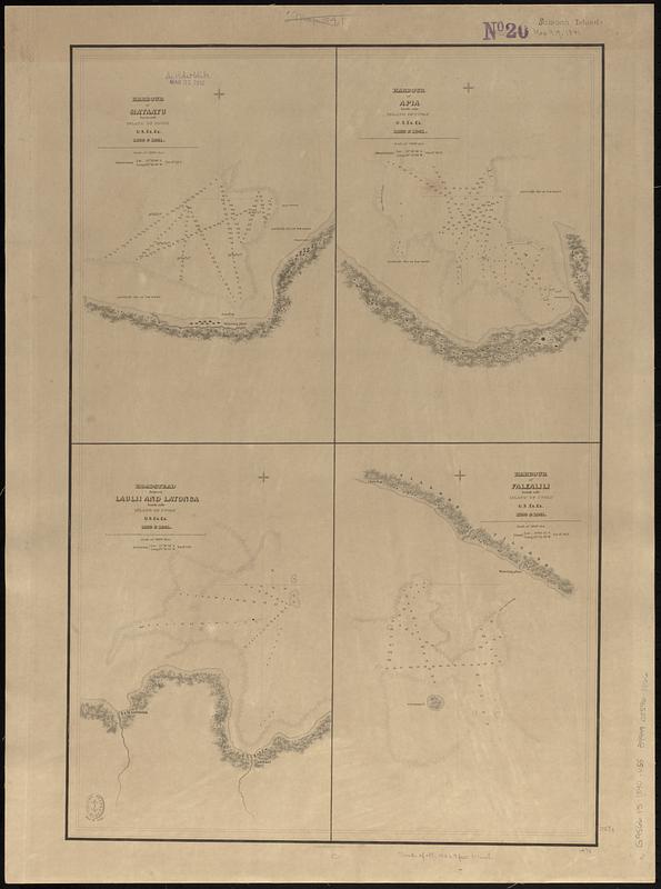 Harbour of Mataatu, north side, island of Savaii ; Harbour of Apia, north side, island of Upolu ; roadstead between Laulii and Latonga, north side, island of Upolu ; harbour of Falealili, south side, island of Upolu