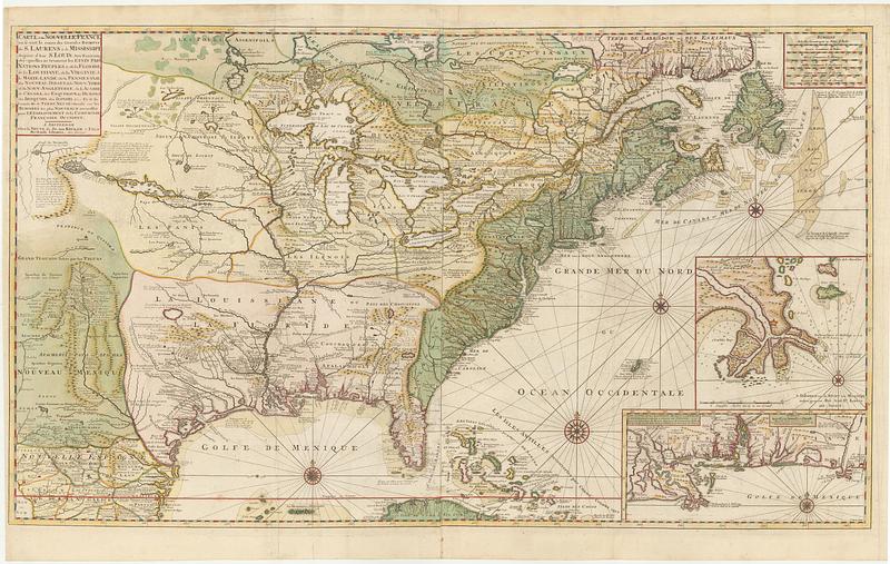 Carte de la Nouvelle France ou se voit le cours des grandes rivieres de S. Laurens & de Mississipi aujour d'hui S. Louis, aux environs des-quelles se trouvent les etats pais nations peuples &c. de la Floride de la Louisiane, de la Virginie de la Marie-lande, de la Pensilvanie de Nouveau Jersey, de la Nouv: York de la Nouv: Angleterre, de l'Acadie du Canada, des Esquimaux, des Hurons des Iroquois, des Ilinois &c. et de la grande ile de Terre Neuve