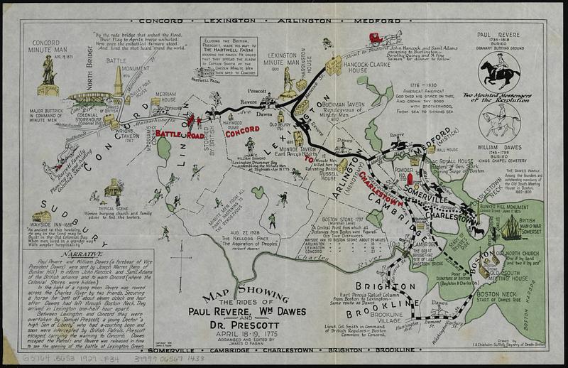 Map showing the rides of Paul Revere, Wm. Dawes, and Dr. Prescott, April 18-19, 1775