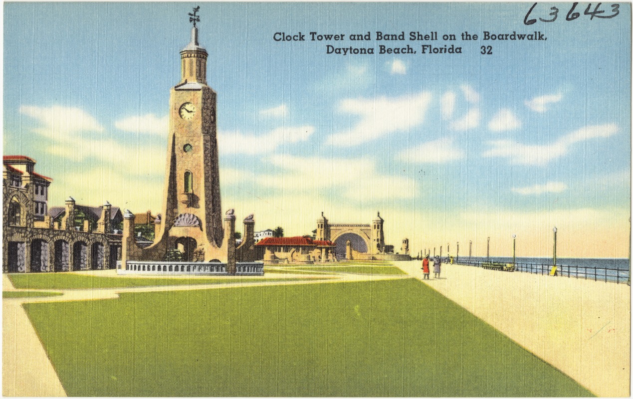 Clock tower and band shell on the boardwalk, Daytona Beach, Florida