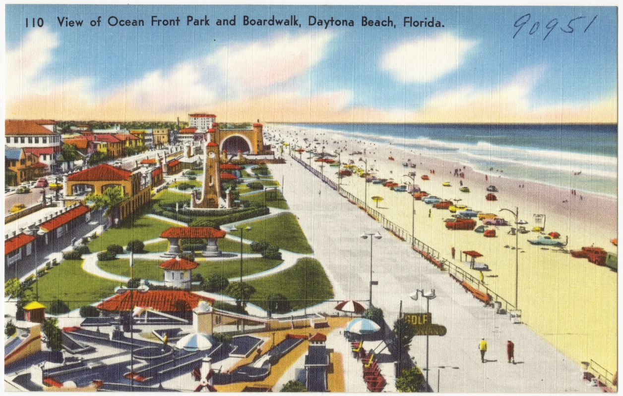 View of ocean front park and boardwalk, Daytona Beach, Florida