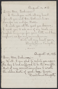 Sacco-Vanzetti Case Records, 1920-1928. Correspondence. Bartolomeo Vanzetti to Mrs. E.A Codman, August 10 and 12, 1927. Box 40, Folder 5, Harvard Law School Library, Historical & Special Collections