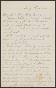 Sacco-Vanzetti Case Records, 1920-1928. Correspondence. Bartolomeo Vanzetti to Mrs. Elizabeth G. Evans, August 15, 1925. Box 40, Folder 11, Harvard Law School Library, Historical & Special Collections