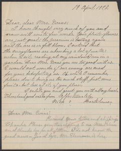 Sacco-Vanzetti Case Records, 1920-1928. Correspondence. Bartolomeo Vanzetti to Mrs. Elizabeth G. Evans, April 19, 1927. Box 40, Folder 17, Harvard Law School Library, Historical & Special Collections