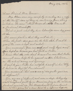 Sacco-Vanzetti Case Records, 1920-1928. Correspondence. Bartolomeo Vanzetti to Mrs. Elizabeth G. Evans, May 24, 1927. Box 40, Folder 18, Harvard Law School Library, Historical & Special Collections