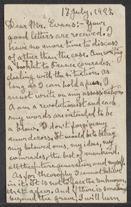 Sacco-Vanzetti Case Records, 1920-1928. Correspondence. Bartolomeo Vanzetti to Mrs. Elizabeth G. Evans, July 17, 1927. Box 40, Folder 21, Harvard Law School Library, Historical & Special Collections