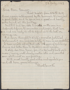 Sacco-Vanzetti Case Records, 1920-1928. Correspondence. Bartolomeo Vanzetti to Mrs. Elizabeth G. Evans, July 27, 1927. Box 40, Folder 23, Harvard Law School Library, Historical & Special Collections