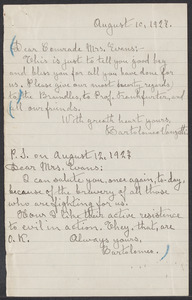 Sacco-Vanzetti Case Records, 1920-1928. Correspondence. Bartolomeo Vanzetti to Mrs. Elizabeth G. Evans, August 10 and 12, 1927. Box 40, Folder 25, Harvard Law School Library, Historical & Special Collections