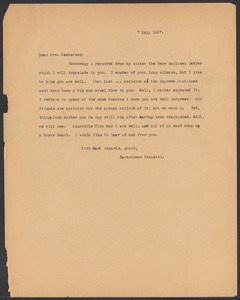 Sacco-Vanzetti Case Records, 1920-1928. Correspondence. Bartolomeo Vanzetti to Mrs. Jessica Henderson, May 7, 1927. Box 40, Folder 30, Harvard Law School Library, Historical & Special Collections