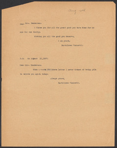 Sacco-Vanzetti Case Records, 1920-1928. Correspondence. Bartolomeo Vanzetti to Mrs. Jessica Henderson, August 10 and 12, 1927. Box 40, Folder 35, Harvard Law School Library, Historical & Special Collections
