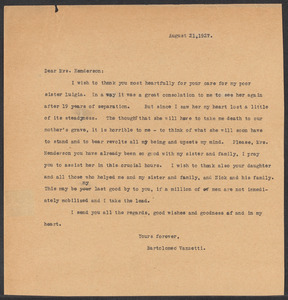 Sacco-Vanzetti Case Records, 1920-1928. Correspondence. Bartolomeo Vanzetti to Mrs. Jessica Henderson, August 21, 1927. Box 40, Folder 37, Harvard Law School Library, Historical & Special Collections
