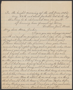 Sacco-Vanzetti Case Records, 1920-1928. Correspondence. Bartolomeo Vanzetti to Mrs. Cerise Jack, June 11, 1927. Box 40, Folder 53, Harvard Law School Library, Historical & Special Collections