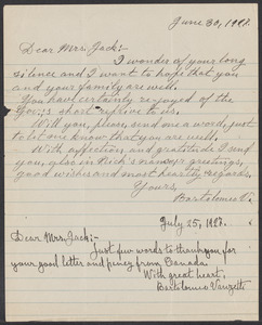 Sacco-Vanzetti Case Records, 1920-1928. Correspondence. Bartolomeo Vanzetti to Mrs. Cerise Jack, June 30 and July 27, 1927. Box 40, Folder 54, Harvard Law School Library, Historical & Special Collections