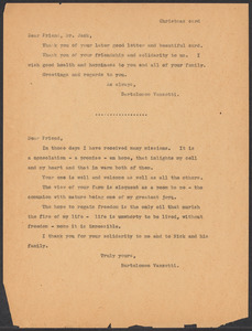 Sacco-Vanzetti Case Records, 1920-1928. Correspondence. Bartolomeo Vanzetti to Mrs. Cerise Jack, December 25, n.y. Box 40, Folder 55, Harvard Law School Library, Historical & Special Collections