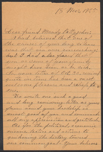 Sacco-Vanzetti Case Records, 1920-1928. Correspondence. Bartolomeo Vanzetti to Mrs. Maude Pettyjohn, November 18, 1925. Box 40, Folder 75, Harvard Law School Library, Historical & Special Collections
