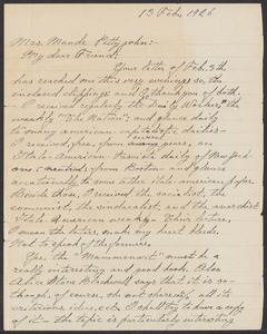 Sacco-Vanzetti Case Records, 1920-1928. Correspondence. Bartolomeo Vanzetti to Mrs. Maude Pettyjohn, February 13, 1926. Box 40, Folder 76, Harvard Law School Library, Historical & Special Collections