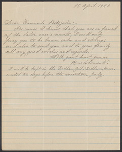 Sacco-Vanzetti Case Records, 1920-1928. Correspondence. Bartolomeo Vanzetti to Mrs. Maude Pettyjohn, April 15, 1927. Box 40, Folder 79, Harvard Law School Library, Historical & Special Collections
