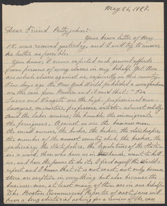 Sacco-Vanzetti Case Records, 1920-1928. Correspondence. Bartolomeo Vanzetti to Mrs. Maude Pettyjohn, May 26, 1927. Box 40, Folder 80, Harvard Law School Library, Historical & Special Collections