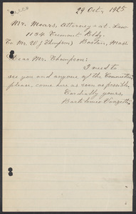 Sacco-Vanzetti Case Records, 1920-1928. Correspondence. Bartolomeo Vanzetti to William G. Thompson, October 29, 1925. Box 40, Folder 97, Harvard Law School Library, Historical & Special Collections