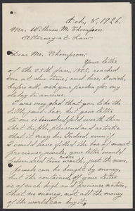 Sacco-Vanzetti Case Records, 1920-1928. Correspondence. Bartolomeo Vanzetti to William G. Thompson, February 8, 1926. Box 40, Folder 99, Harvard Law School Library, Historical & Special Collections