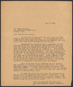 Sacco-Vanzetti Case Records, 1920-1928. Correspondence. Sacco-Vanzetti Defense Committee Correspondence to Frank Bellanca, May 5, 1922. Box 41, Folder 1, Harvard Law School Library, Historical & Special Collections
