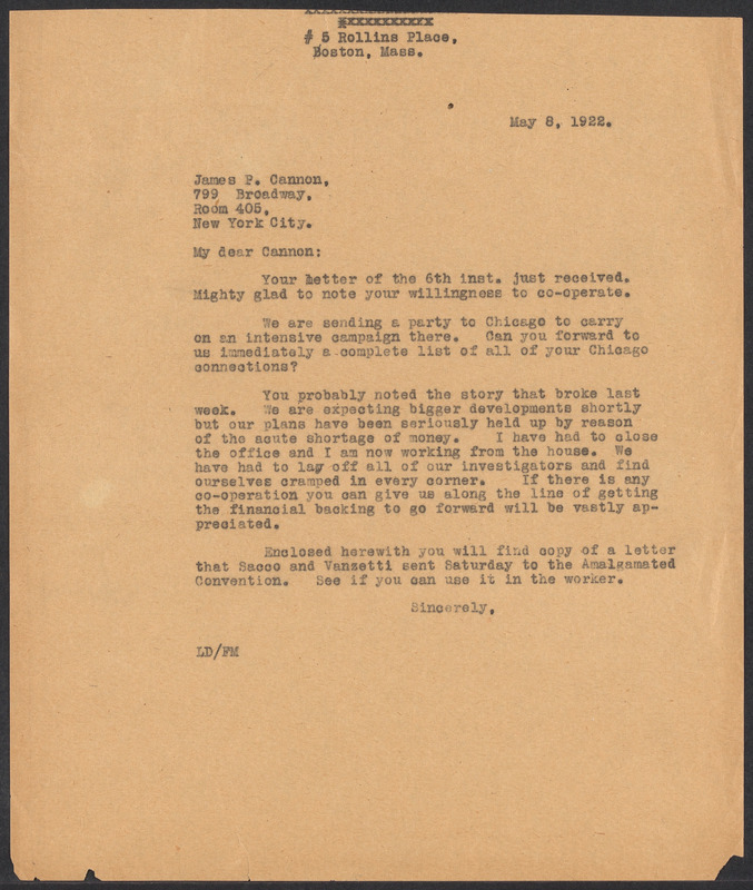 SaccoVanzetti Case Records, 19201928. Correspondence. SaccoVanzetti