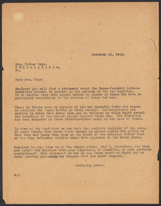 Sacco-Vanzetti Case Records, 1920-1928. Correspondence. Sacco-Vanzetti Defense Committee Correspondence to Walter Cope, December 21, 1921. Box 41, Folder 6, Harvard Law School Library, Historical & Special Collections