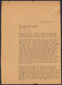 Sacco-Vanzetti Case Records, 1920-1928. Correspondence. Sacco-Vanzetti Defense Committee Correspondence to Jeanette S.S. Davis, April11, 1923. Box 41, Folder 8, Harvard Law School Library, Historical & Special Collections