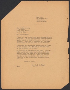 Sacco-Vanzetti Case Records, 1920-1928. Correspondence. Sacco-Vanzetti Defense Committee Correspondence to Crystal Eastman, April 28, 1921. Box 41, Folder 9, Harvard Law School Library, Historical & Special Collections