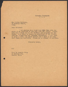 Sacco-Vanzetti Case Records, 1920-1928. Correspondence. Sacco-Vanzetti Defense Committee Correspondence to Aldino Felicani, November 15, 1920. Box 41, Folder 11, Harvard Law School Library, Historical & Special Collections