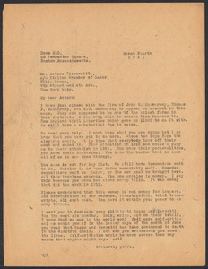 Sacco-Vanzetti Case Records, 1920-1928. Correspondence. Sacco-Vanzetti Defense Committee Correspondence to Arturo Giovannitti, March 4, 1921. Box 41, Folder 14, Harvard Law School Library, Historical & Special Collections