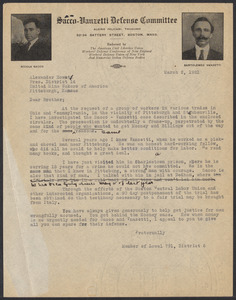 Sacco-Vanzetti Case Records, 1920-1928. Correspondence. Sacco-Vanzetti Defense Committee Correspondence to Alexander Howat, March, 1921. Box 41, Folder 18, Harvard Law School Library, Historical & Special Collections