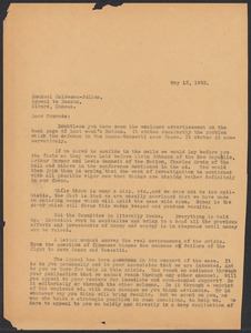 Sacco-Vanzetti Case Records, 1920-1928. Correspondence. Sacco-Vanzetti Defense Committee Correspondence to Emanuel Haldeman-Julius, May 1922. Box 41, Folder 20, Harvard Law School Library, Historical & Special Collections