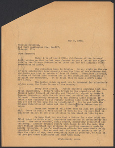 Sacco-Vanzetti Case Records, 1920-1928. Correspondence. Sacco-Vanzetti Defense Committee Correspondence to Charles Krumbein, May 5, 1922. Box 41, Folder 24, Harvard Law School Library, Historical & Special Collections