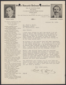 Sacco-Vanzetti Case Records, 1920-1928. Correspondence. Sacco-Vanzetti Defense Committee Correspondence to Fred H. Moore, 1922. Box 41, Folder 26, Harvard Law School Library, Historical & Special Collections