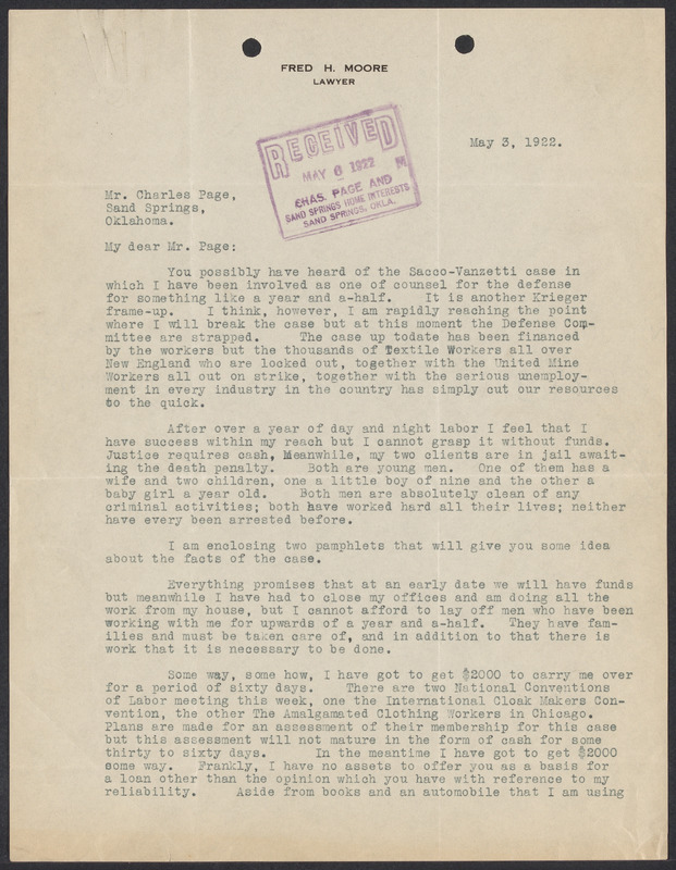 SaccoVanzetti Case Records, 19201928. Correspondence. SaccoVanzetti