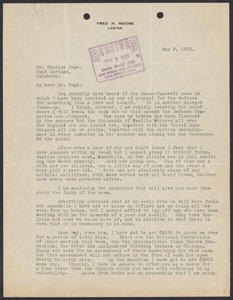 Sacco-Vanzetti Case Records, 1920-1928. Correspondence. Sacco-Vanzetti Defense Committee Correspondence to Charles Page, May 3, 1922.  Box 41, Folder 27, Harvard Law School Library, Historical & Special Collections