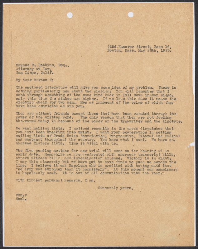 SaccoVanzetti Case Records, 19201928. Correspondence. SaccoVanzetti