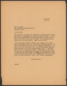 Sacco-Vanzetti Case Records, 1920-1928. Correspondence. Sacco-Vanzetti Defense Committee Correspondence to W.J. Ryan, May 6, 1921. Box 41, Folder 31, Harvard Law School Library, Historical & Special Collections