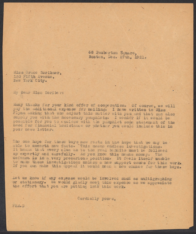 SaccoVanzetti Case Records, 19201928. Correspondence. SaccoVanzetti