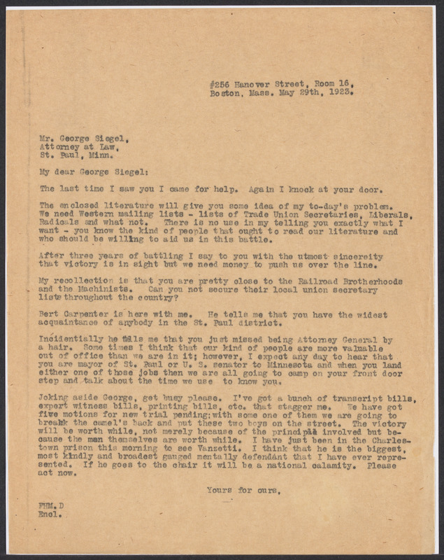 SaccoVanzetti Case Records, 19201928. Correspondence. SaccoVanzetti