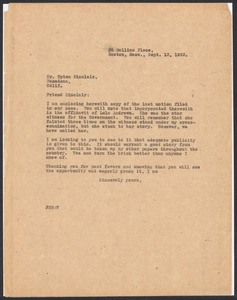 Sacco-Vanzetti Case Records, 1920-1928. Correspondence. Sacco-Vanzetti Defense Committee Correspondence to Upton Sinclair, July 25 and September 3, 1922. Box 41, Folder 38, Harvard Law School Library, Historical & Special Collections