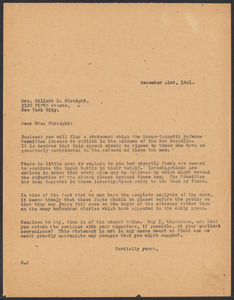 Sacco-Vanzetti Case Records, 1920-1928. Correspondence. Sacco-Vanzetti Defense Committee Correspondence to Willard Straight, December 21, 1921. Box 41, Folder 39, Harvard Law School Library, Historical & Special Collections