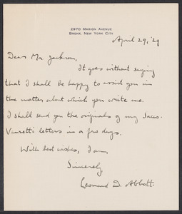 Sacco-Vanzetti Case Records, 1920-1928. Correspondence. Gardner Jackson to Leonard Abbott, April 1929. Box 41, Folder 40, Harvard Law School Library, Historical & Special Collections