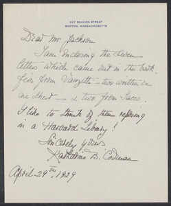 Sacco-Vanzetti Case Records, 1920-1928. Correspondence. Gardner Jackson to Katherine B. Codman, April 1929. Box 41, Folder 48, Harvard Law School Library, Historical & Special Collections