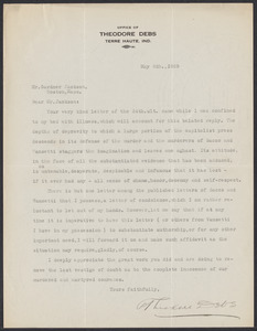Sacco-Vanzetti Case Records, 1920-1928. Correspondence. Gardner Jackson to Theodore Debs, May 1929. Box 41, Folder 50, Harvard Law School Library, Historical & Special Collections