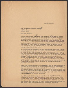Sacco-Vanzetti Case Records, 1920-1928. Correspondence. Gardner Jackson to Elizabeth G. Evans, April 1929. Box 41, Folder 51, Harvard Law School Library, Historical & Special Collections