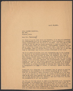 Sacco-Vanzetti Case Records, 1920-1928. Correspondence. Gardner Jackson to Jessica Henderson, April 1929. Box 41, Folder 52, Harvard Law School Library, Historical & Special Collections